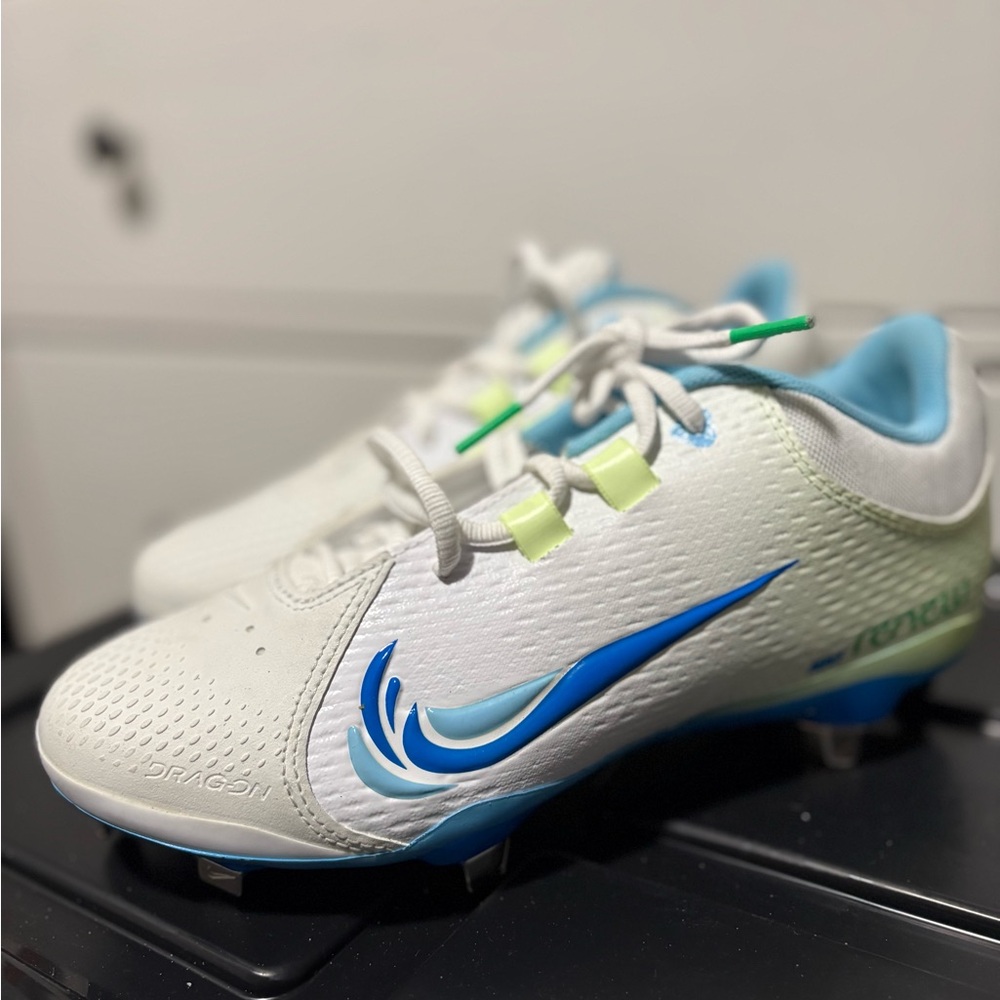 Nike White baseball Cleats with Blue & Aqua Swoosh